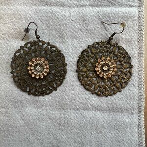 Vintage Floral and Rhinestone Dangle Earrings